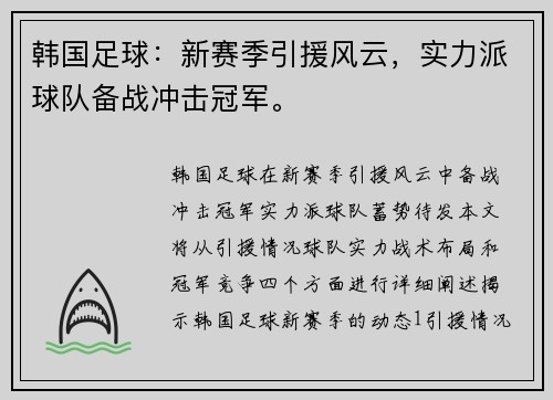 韩国足球：新赛季引援风云，实力派球队备战冲击冠军。