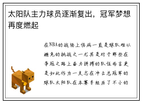 太阳队主力球员逐渐复出，冠军梦想再度燃起